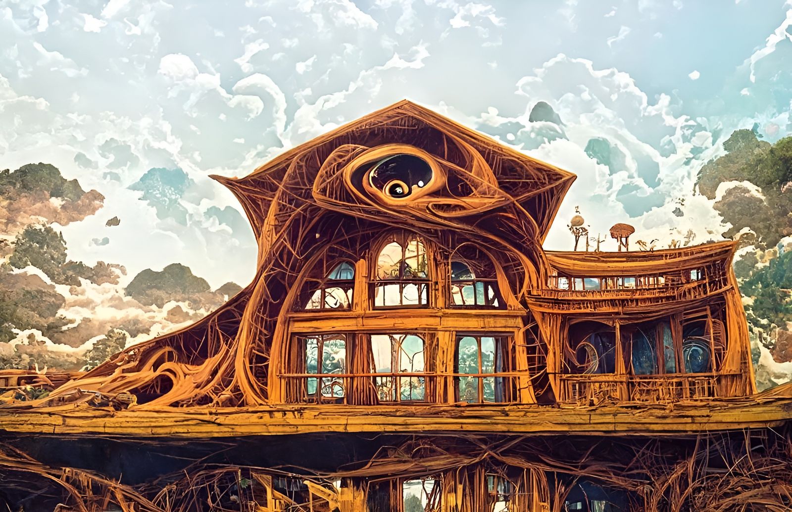 Wooden House in Sci-Fi Dreamscape, Detailed Matte Painting