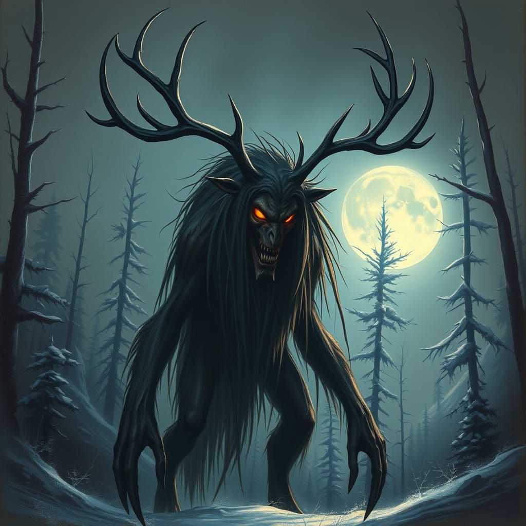 Terrifying Wendigo in Moonlit Forest: A Dark Folklore Vision