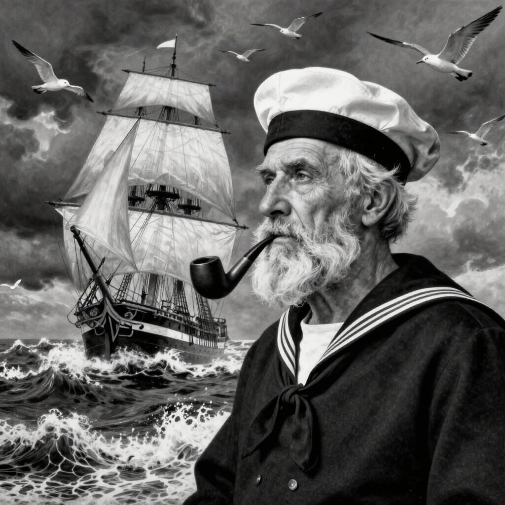 Elderly Sailor Contemplates Stormy Seas and Ship