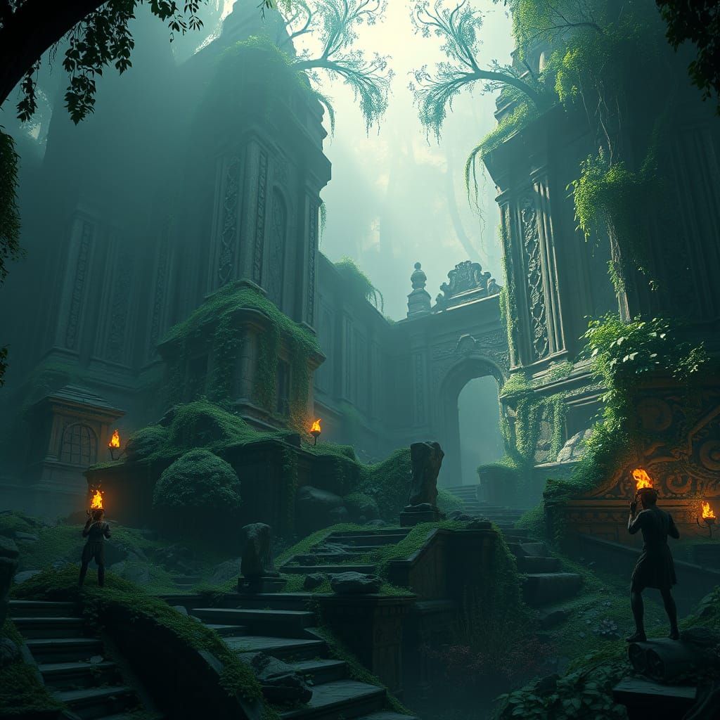 Ethereal Ancient Ruins in a Misty, Mystical Landscape