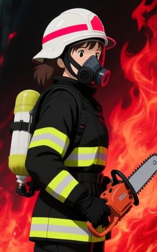 Ghibli-Style Female Firefighter Ready for Rescue