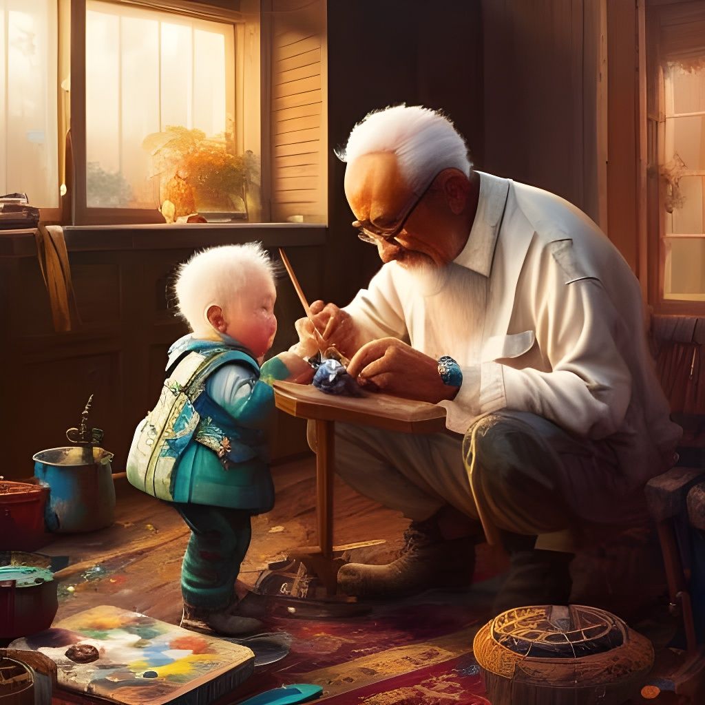 Grandfather Teaches Grandchild Painting: Hyperrealistic Matt...