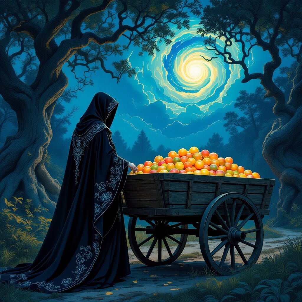 Aristocrat Beside Cart of Glowing Fruits in Twilight Forest