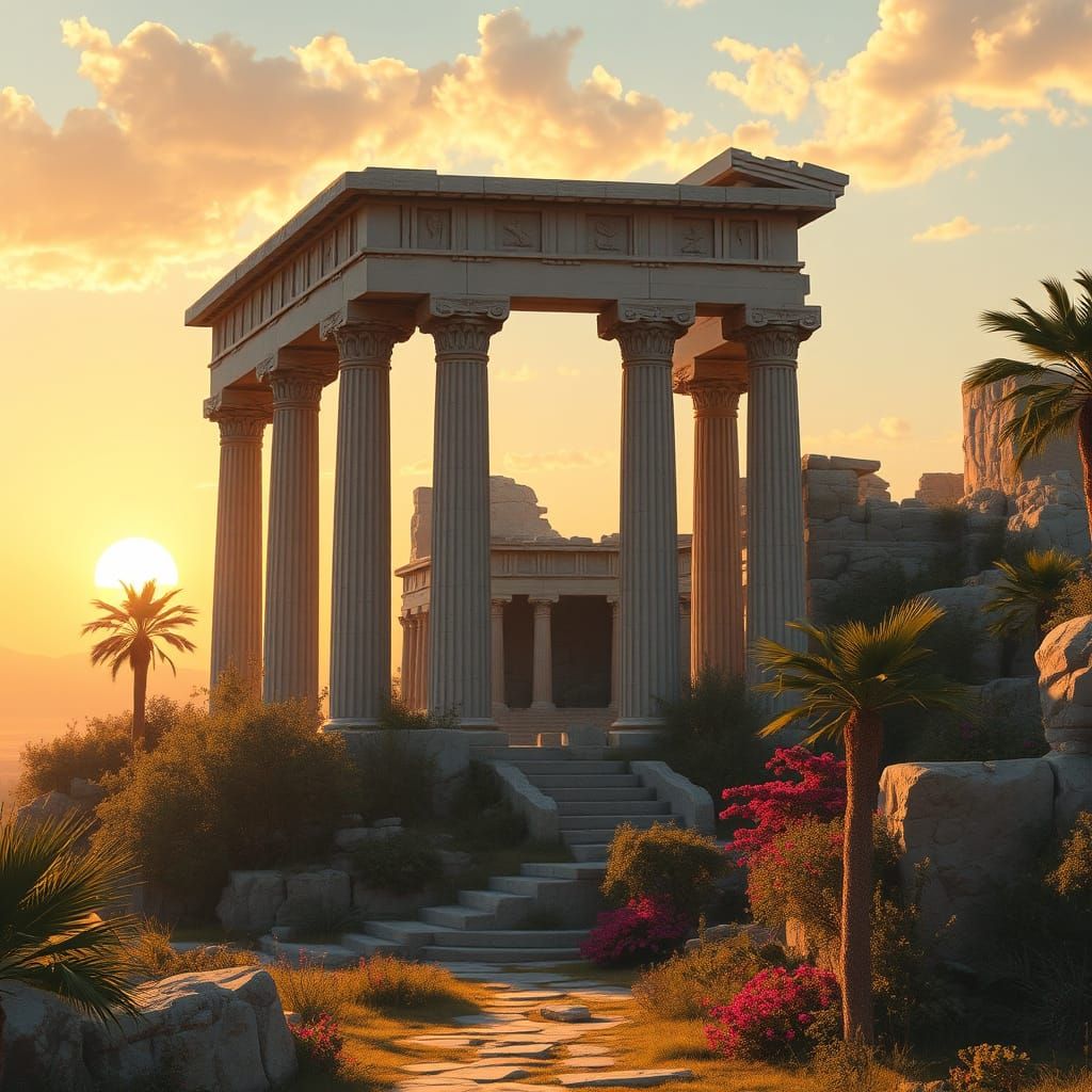 Futuristic Greek Temple Ruins at Sunset