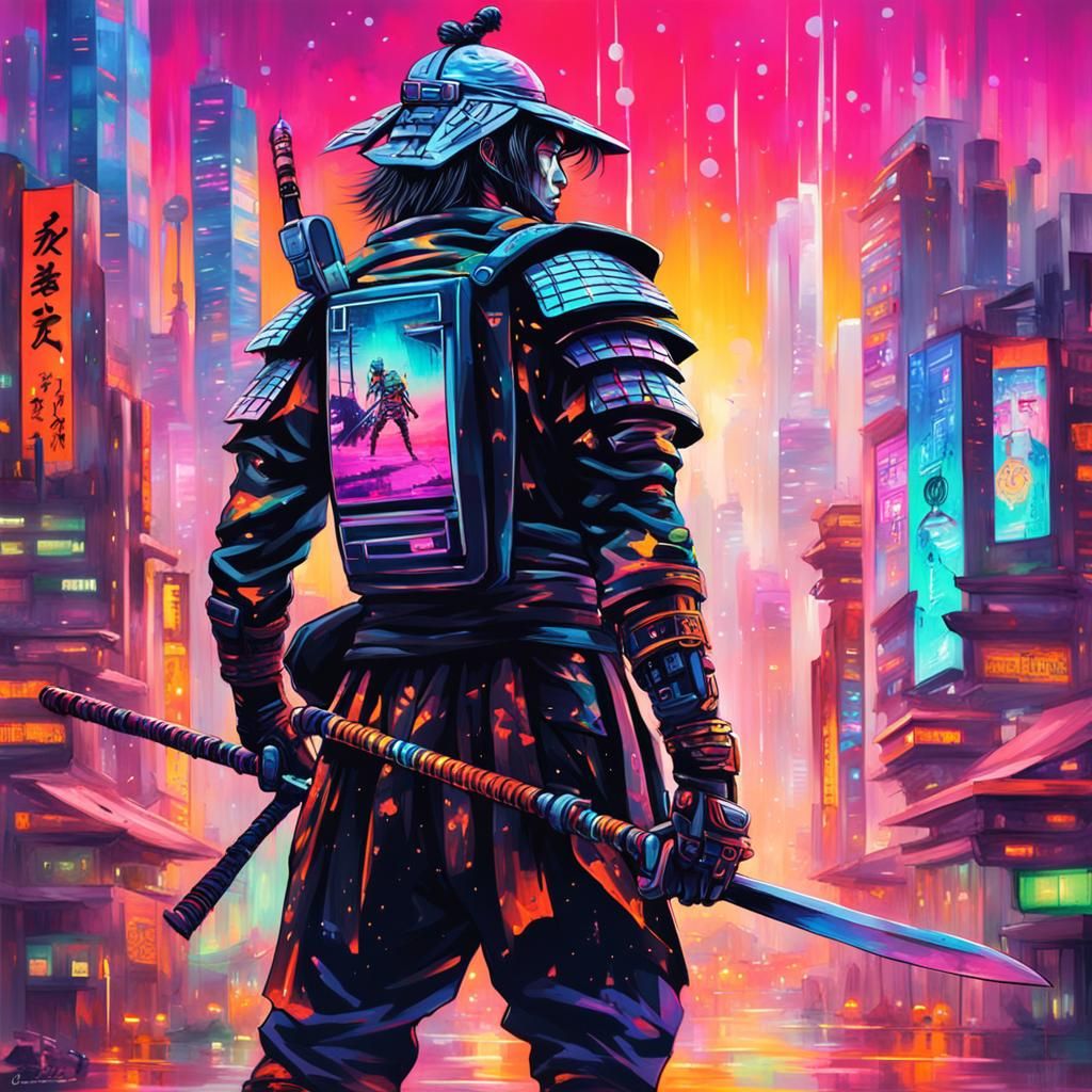 Futuristic Samurai Overlooking Neon City in Graffiti Art Sty...