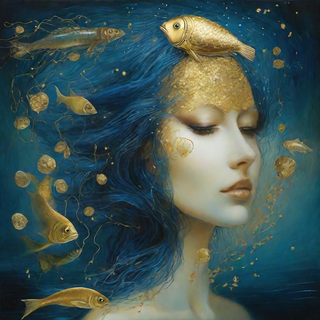 Dreamy Blue Face with Goldfish in Surreal Art