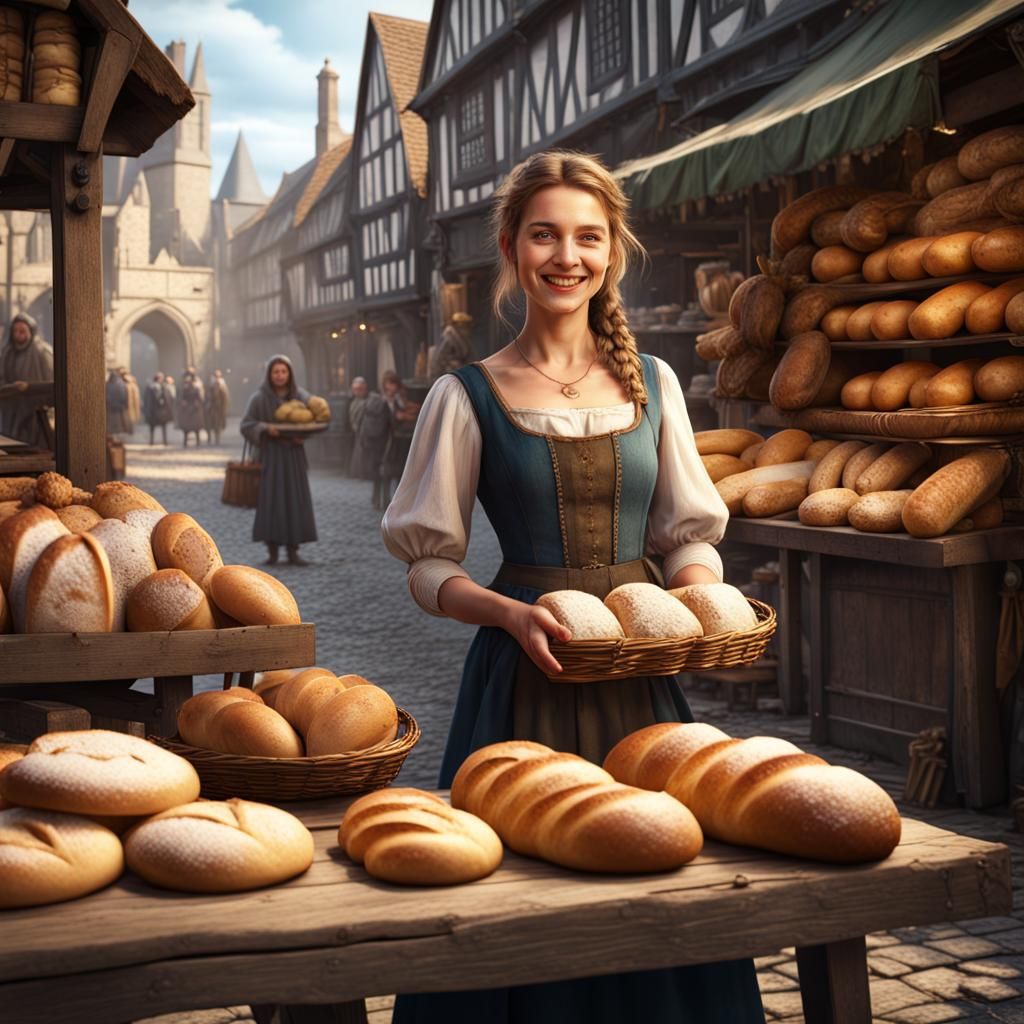 Medieval Market Scene with Smiling Woman