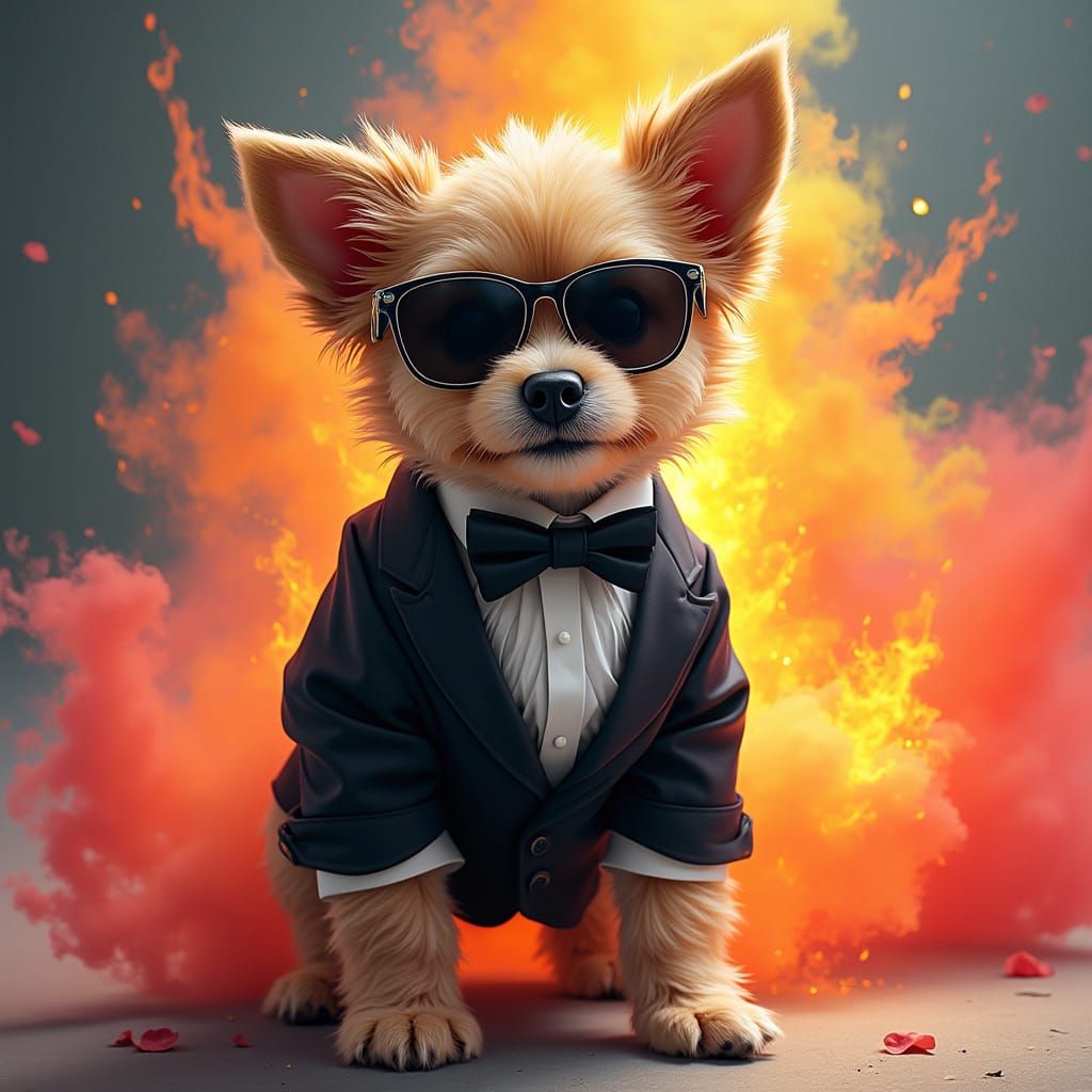 Confident Canine in Futuristic Tuxedo with Blazing Explosion