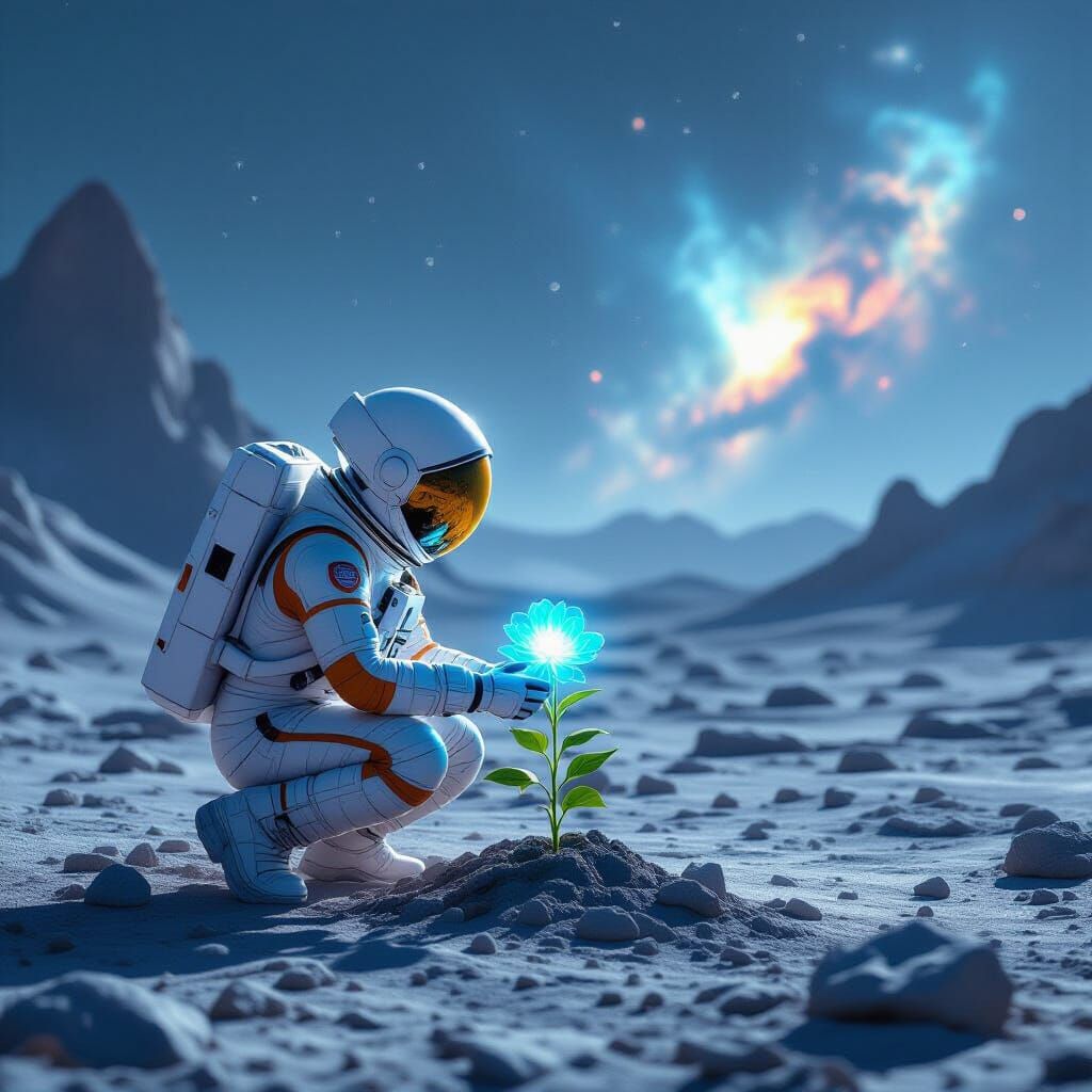 Astronaut Plants Bioluminescent Flower on Alien Planet
