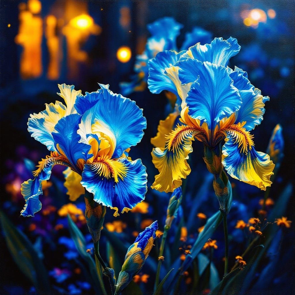 Vibrant Blue and Yellow Irises in Hyper-Realistic Oil Painti...
