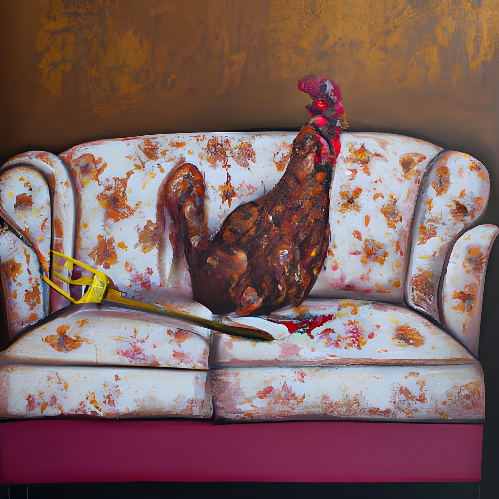 Hen, Fork, Sofa: Detailed Acrylic Painting