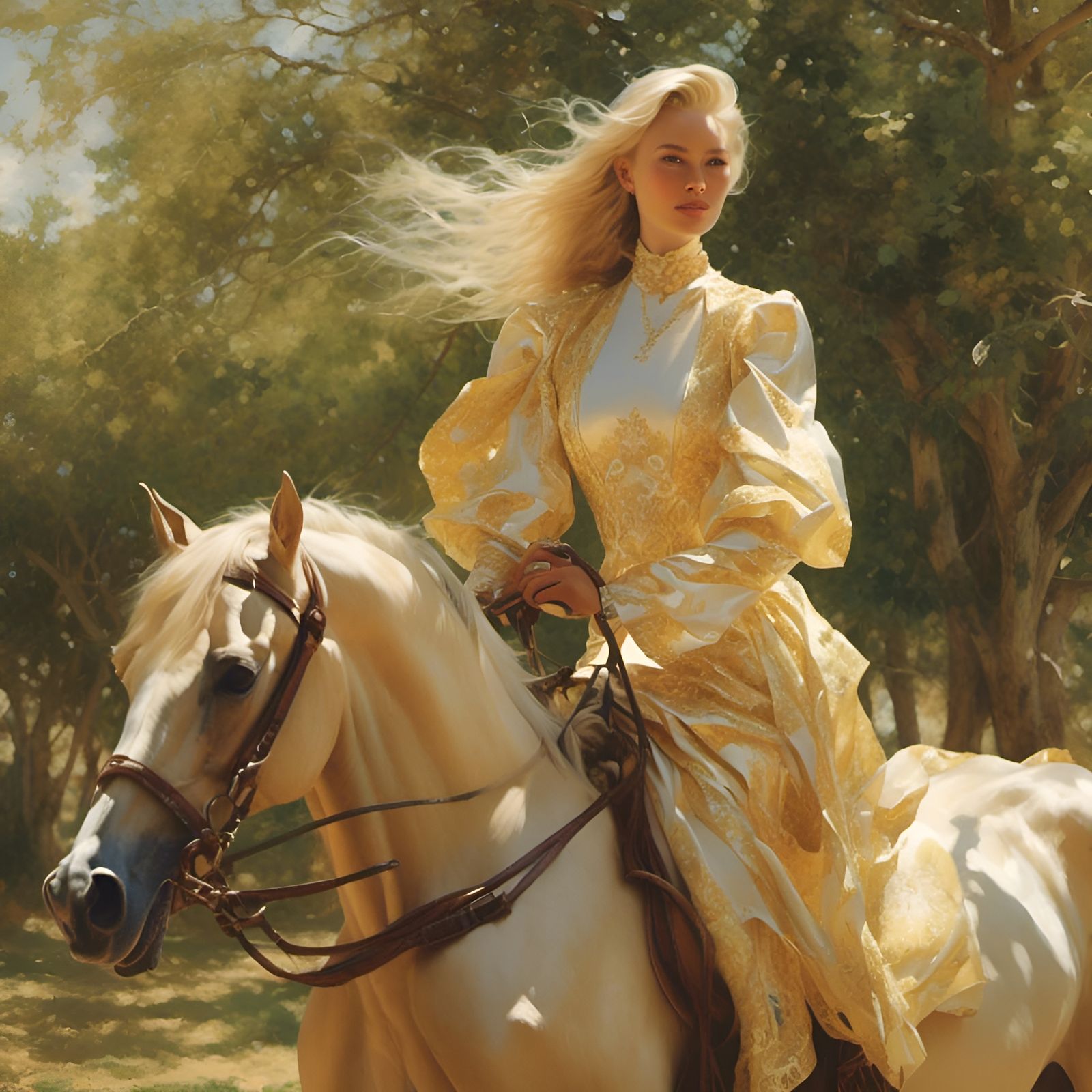 Elegant Woman Riding a Palomino Horse