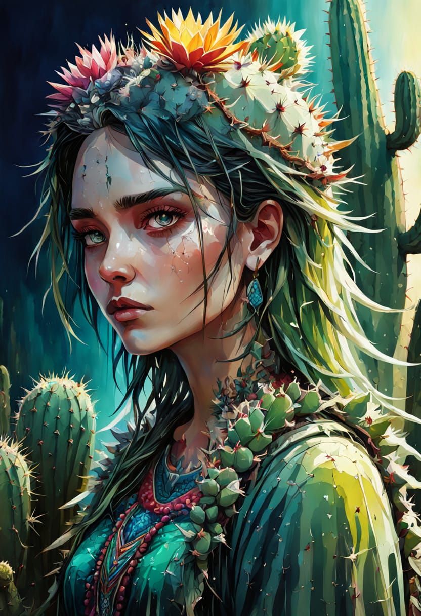 Cyberpunk Fantasy Cactus Maiden, Emotionally Cold and Unavai...