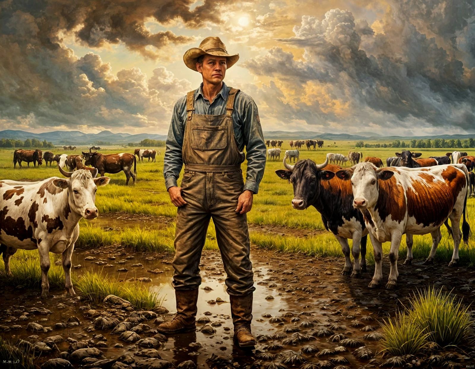 Rural Portrait of a Muddy Farmer Amidst a Photorealistic Lan...