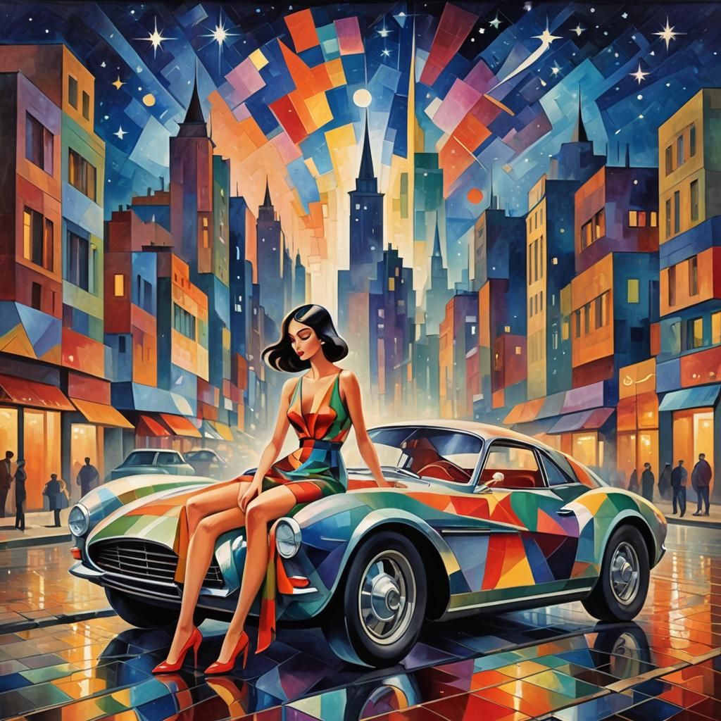 Girl in Car Under City Lights: Abstract Cubism Style