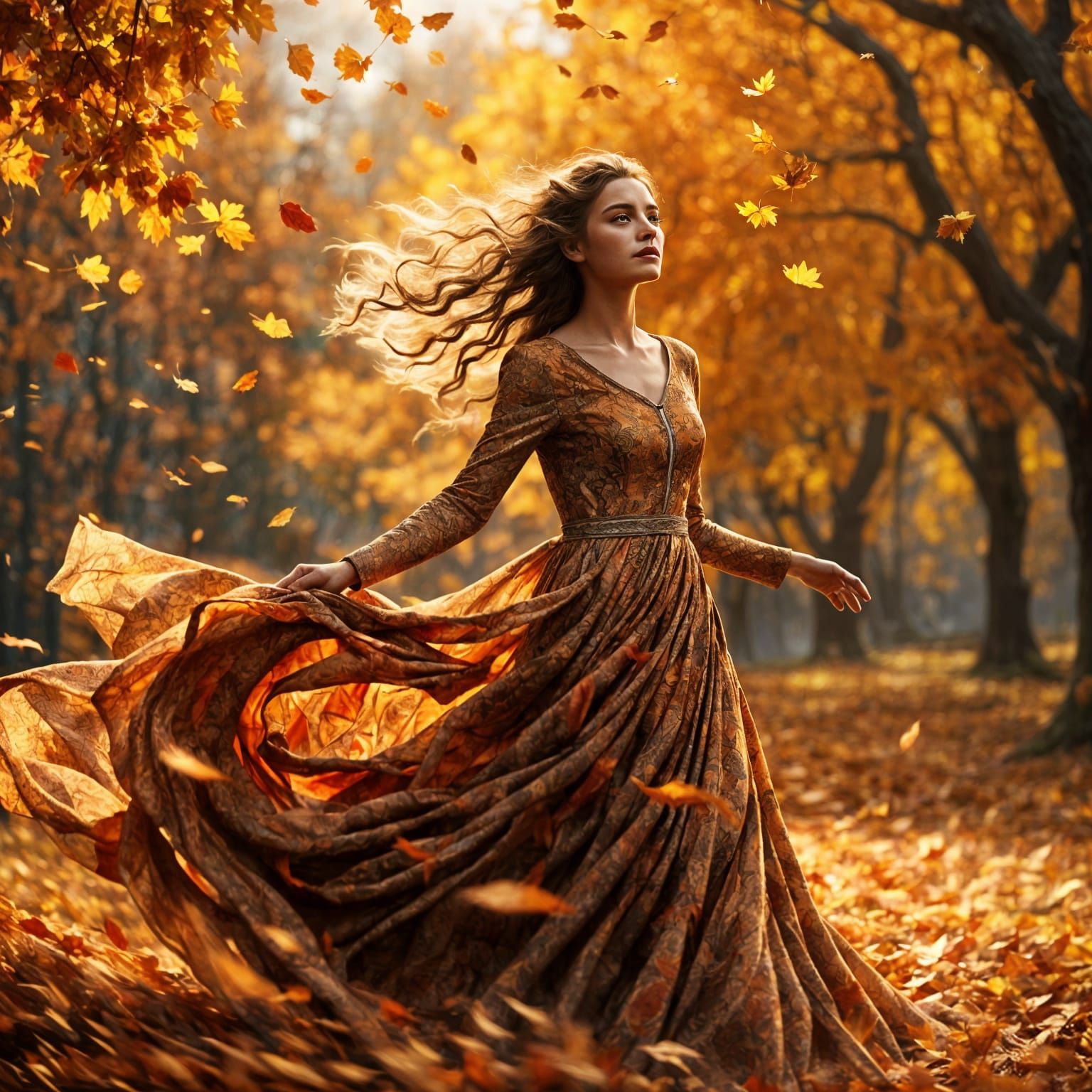 Autumn Woman Amidst Wind and Leaves