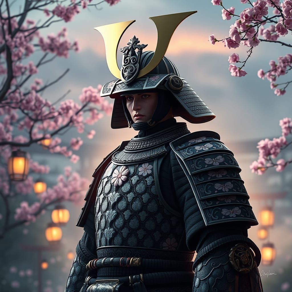 Majestic Samurai Amidst Cherry Blossoms in a Serene Japanese...