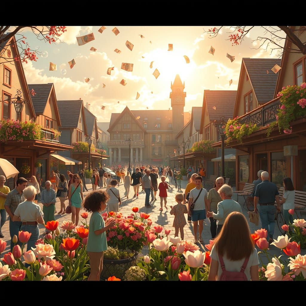 Vibrant Town Square with Falling Money, Dreamy Illustration