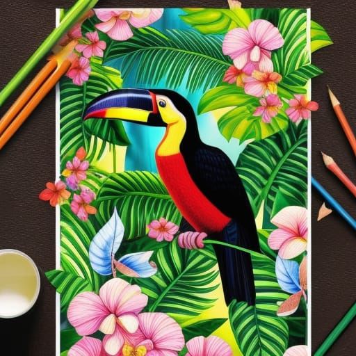Toco Toucan Coloring Page in Jungle Sketch Style