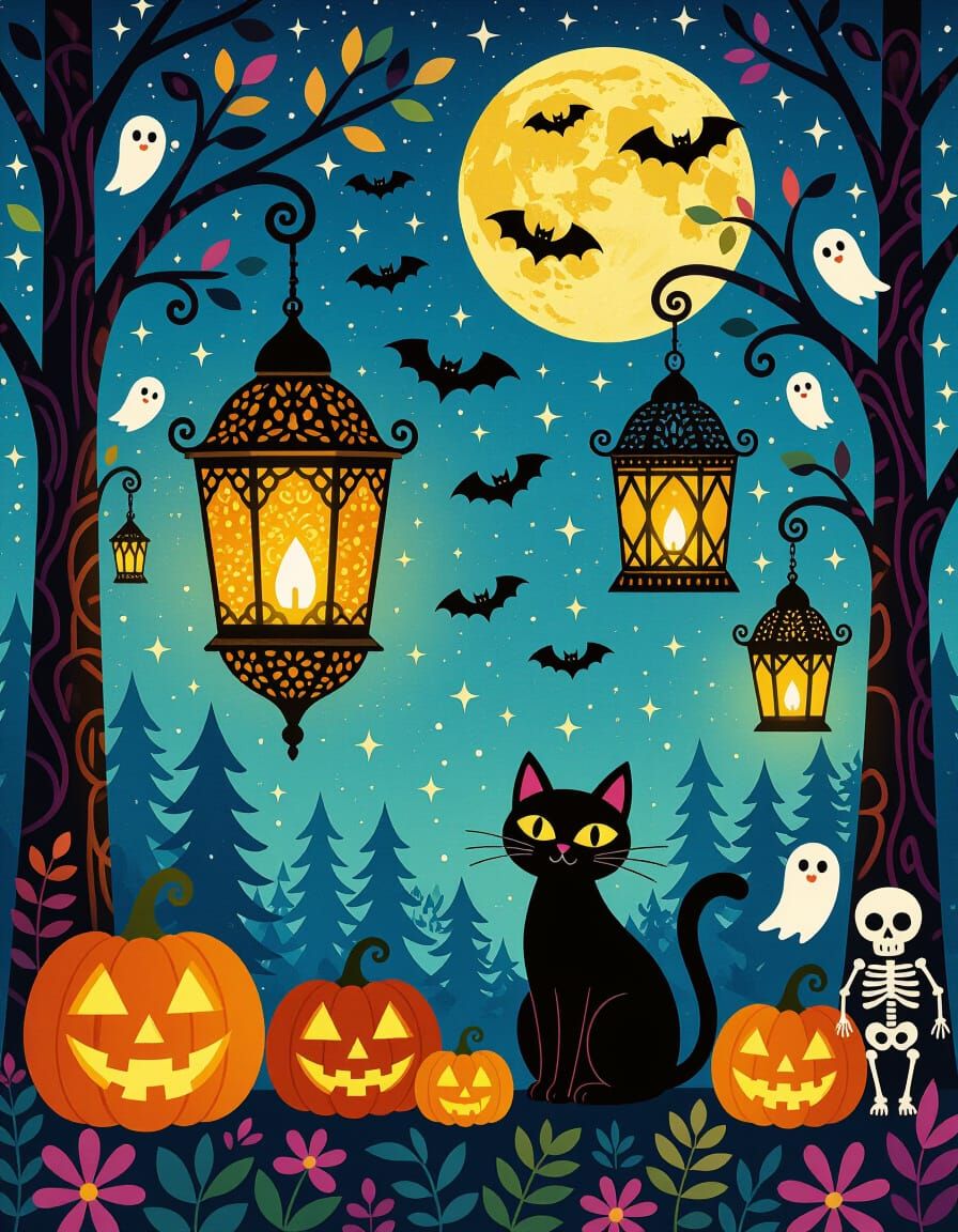 Cubist Lanterns in Mystical Halloween Forest