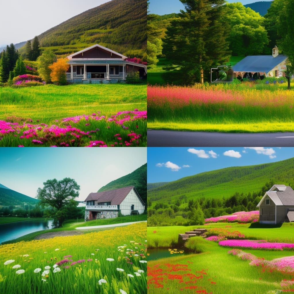 Scenic Mountain House with Pond and Flowers
