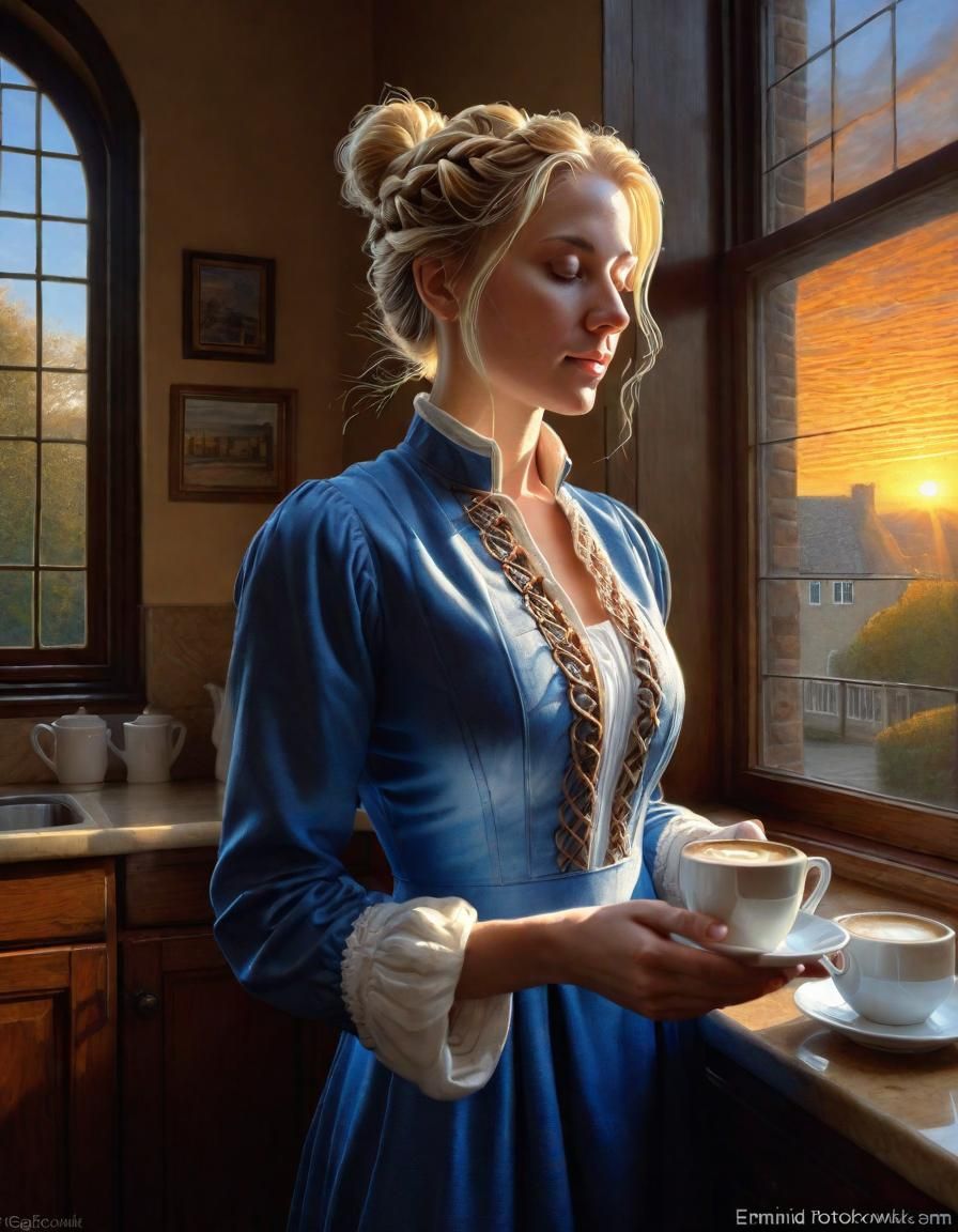 Renaissance Woman with Coffee at Sunrise