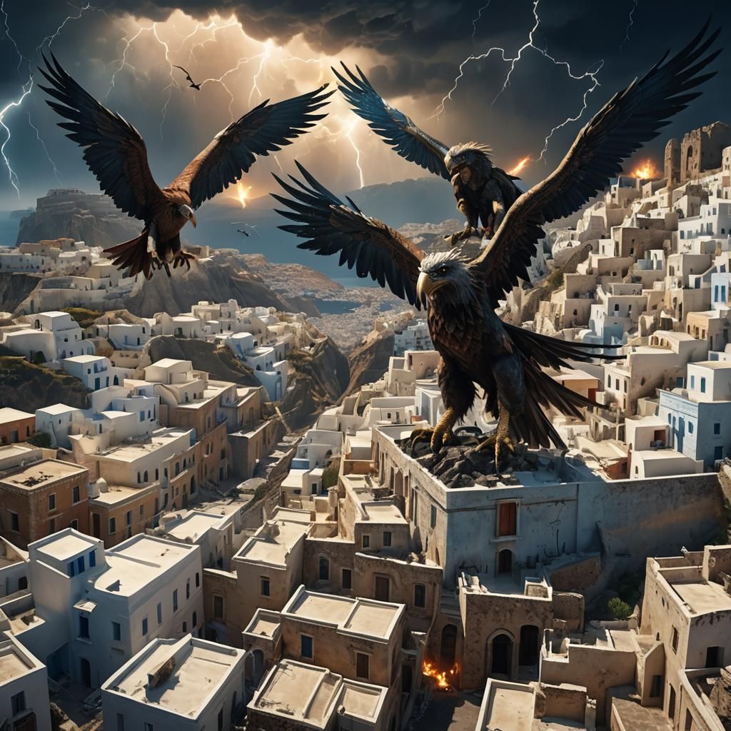 Harpies Clash with Gods over Santorini in Cubist Style