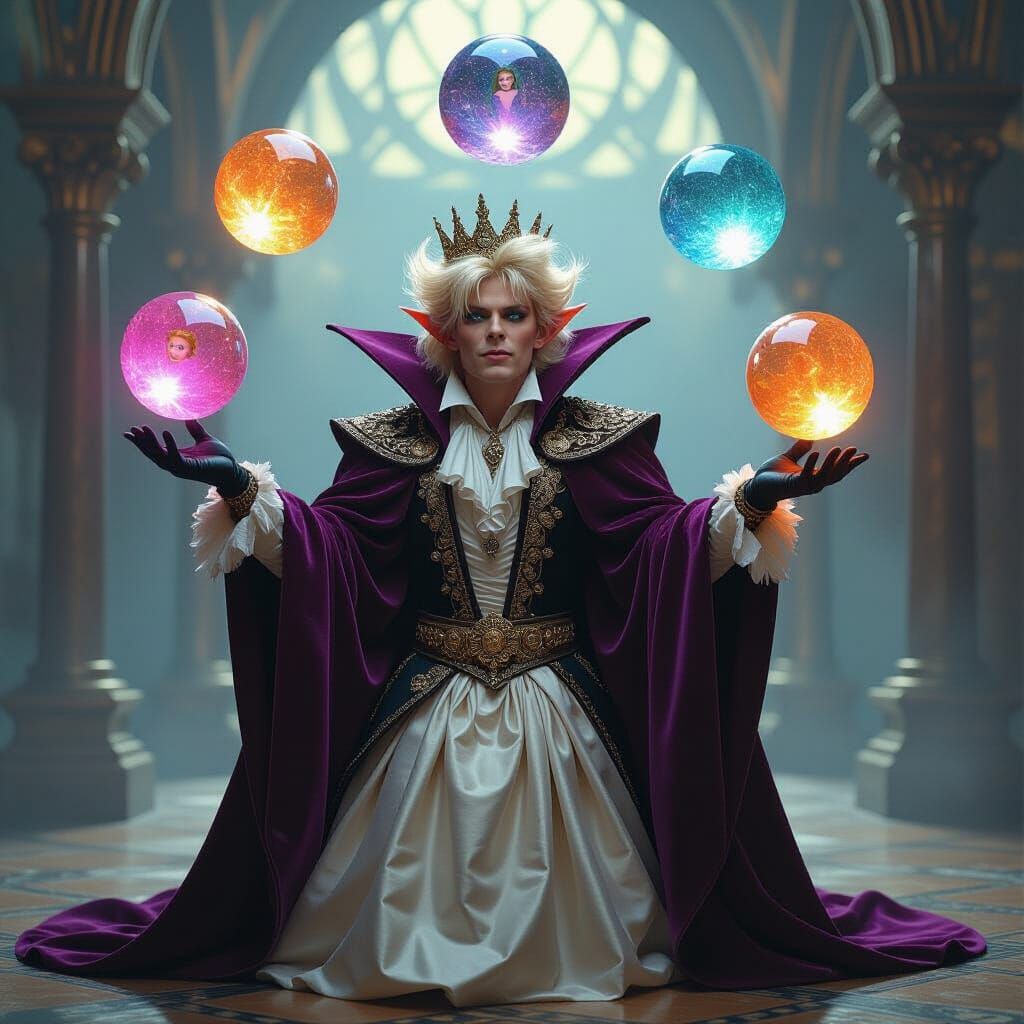 Goblin King Jareth Juggling Crystal Balls in Retro-Futuristi...
