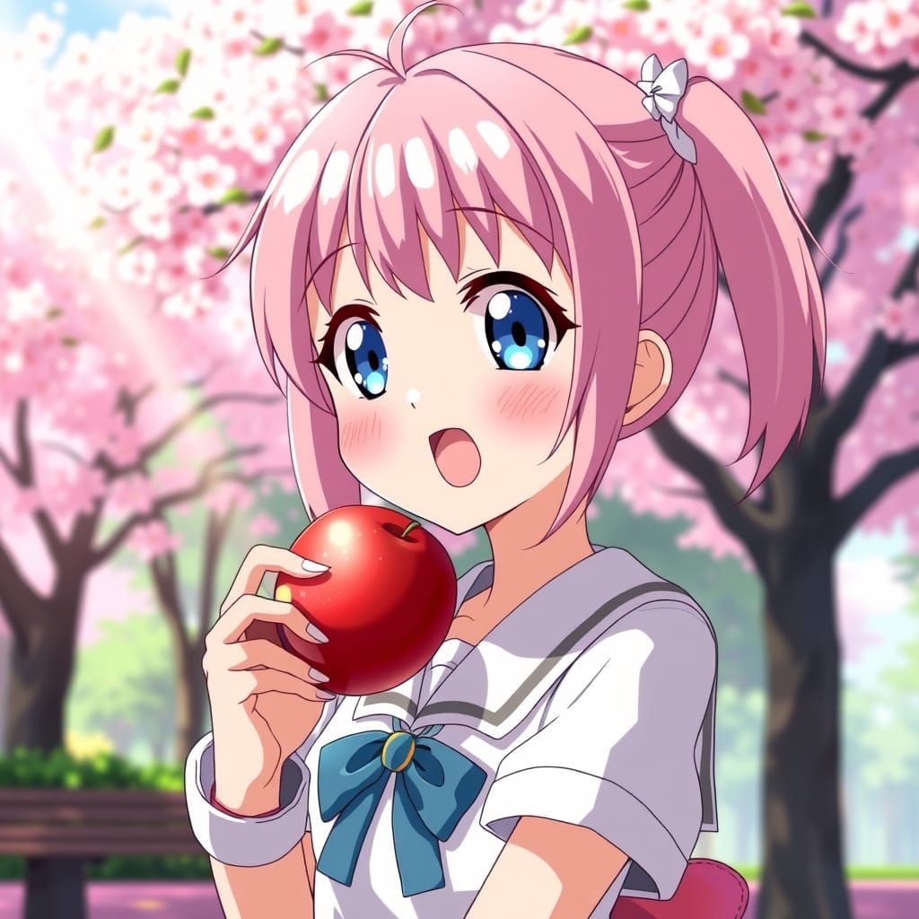 Anime Girl Eating Apple in Cherry Blossom Park