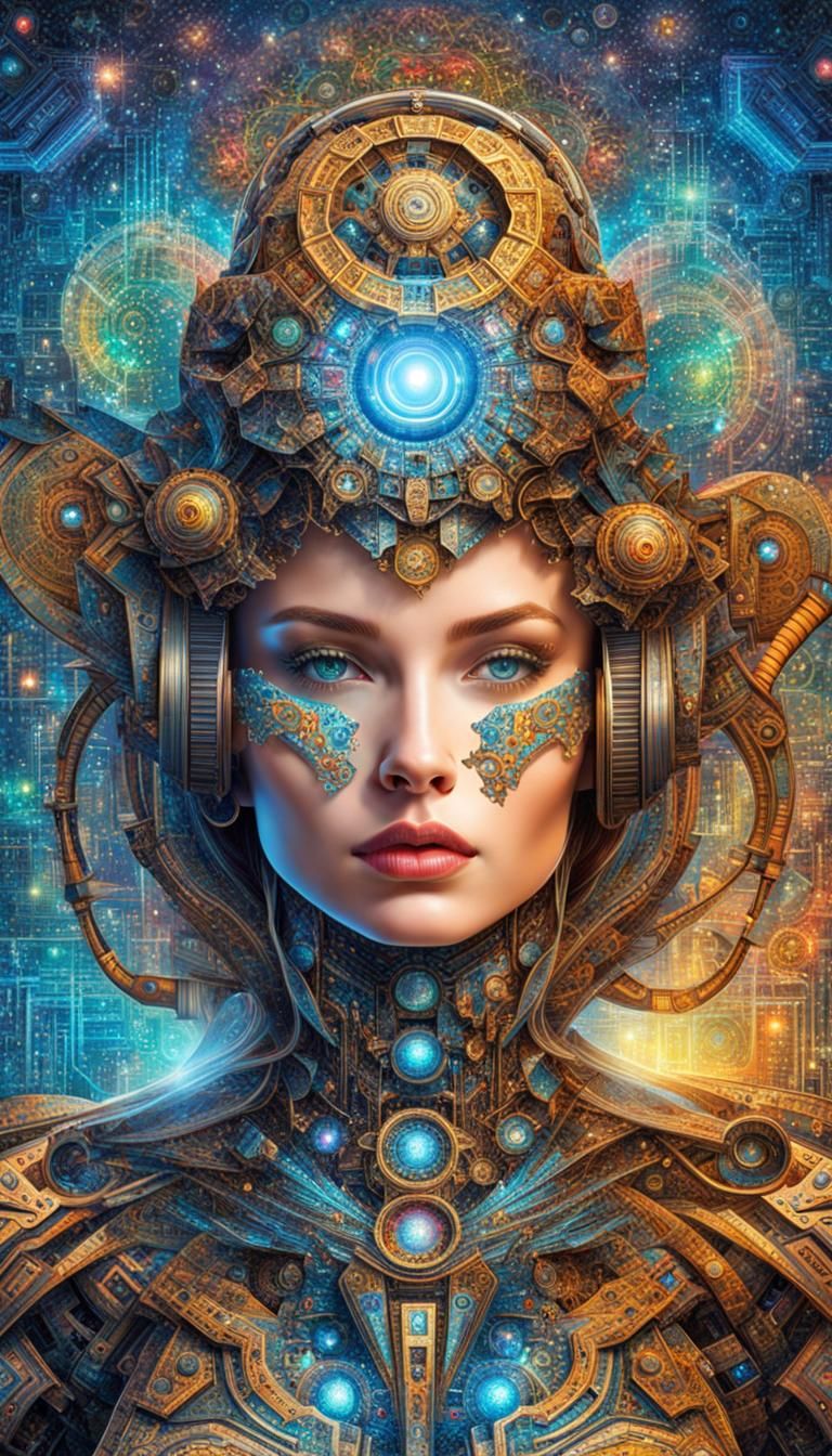 Steampunk Cyborg Puzzle Art in Sci-Fi Computer Lab