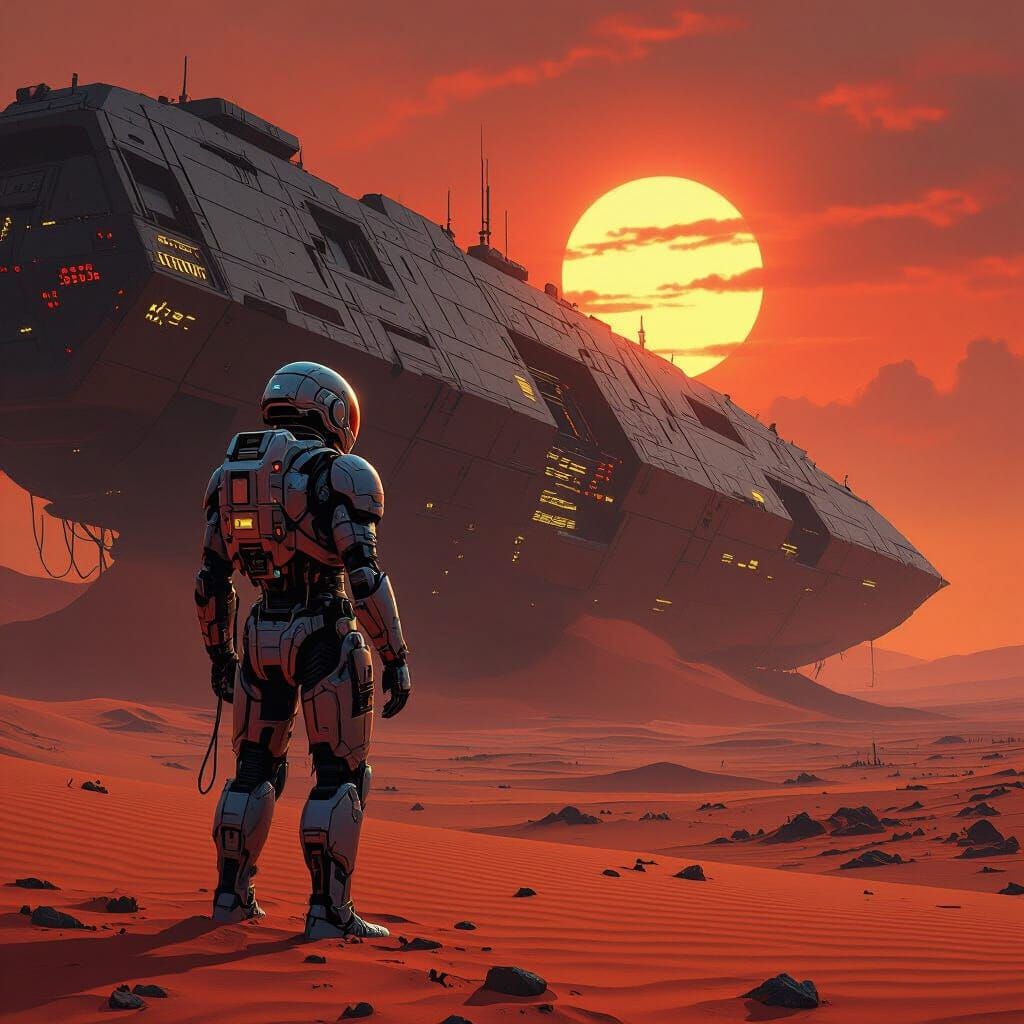 Cyborg Explorer on Alien Planet at Sunset