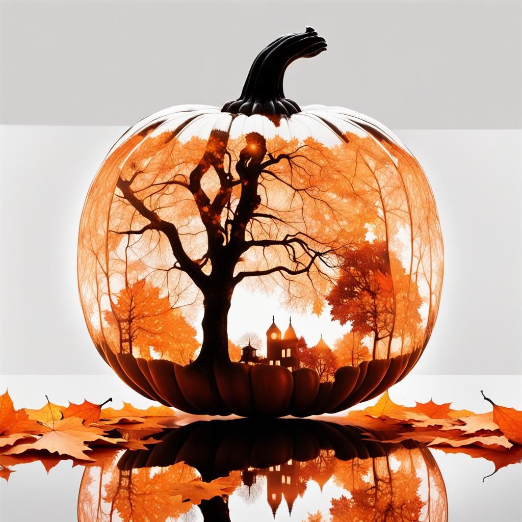 Transparent Pumpkin Silhouette in Autumn Leaves Double Expos...