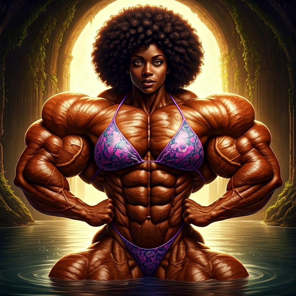 Ultra-Muscular Woman Emerges from Grotto, Glistening in Sunl...