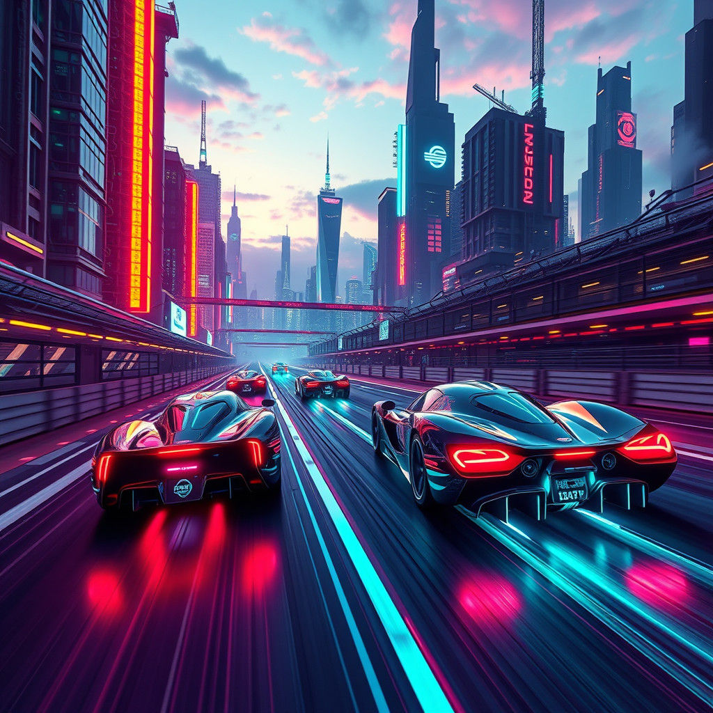 Neon Race Track in Cyberpunk Cityscape