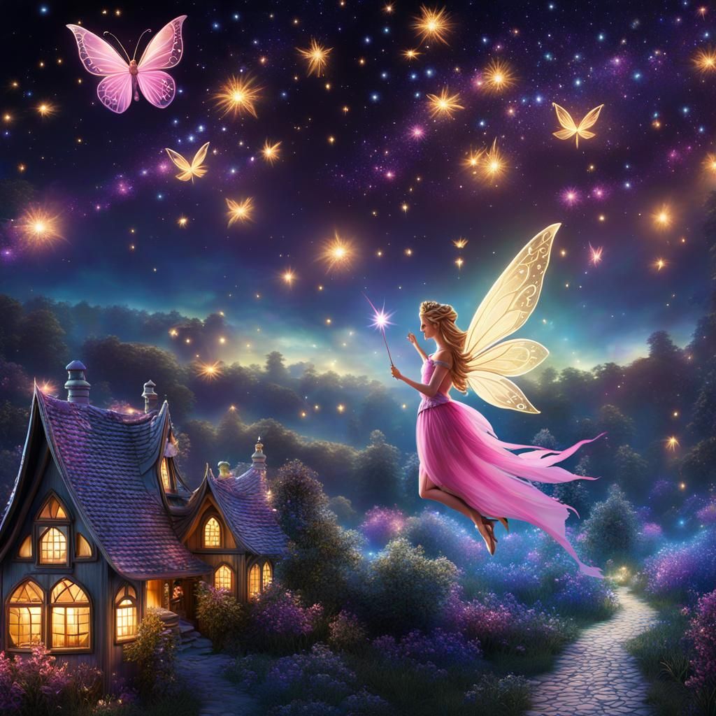 Graceful Fairy Soaring Above Sparkling Village