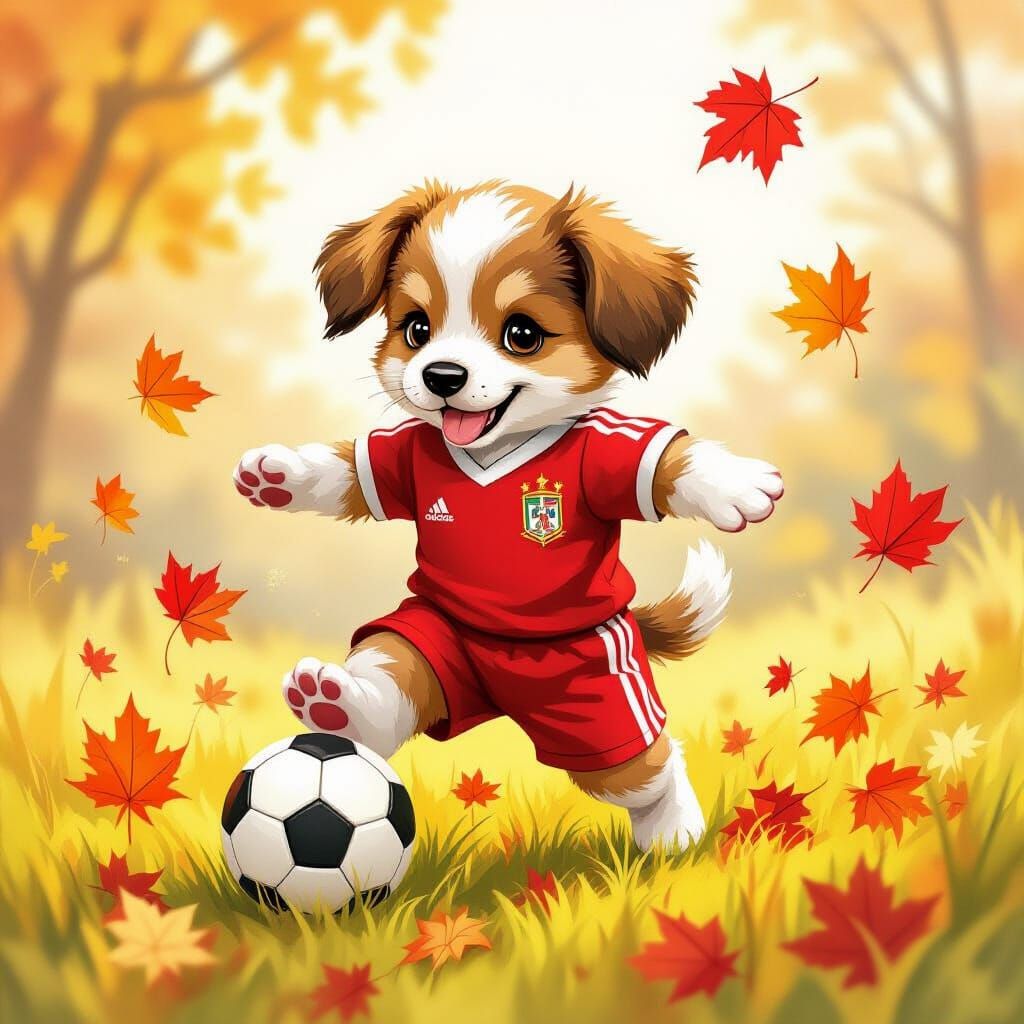 Puppy Kicking Soccer Ball in Autumn Field