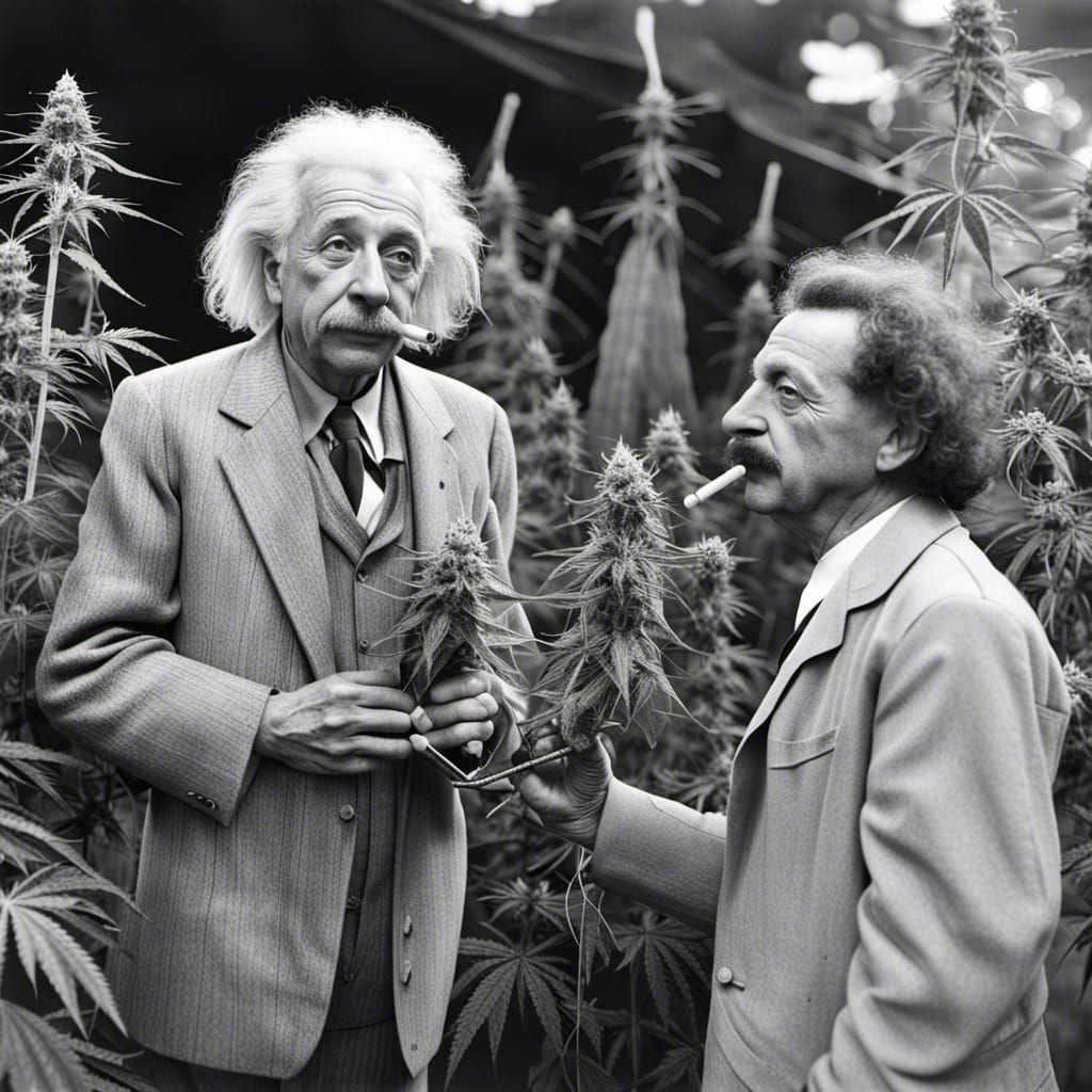 Einstein and Alien Smoking Joint on Cannabis Farm