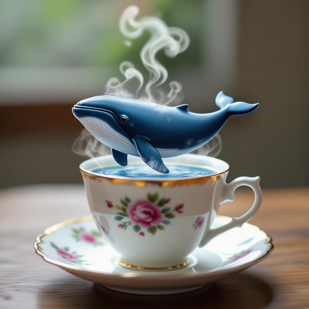 Teacup Whale Balancing in Porcelain Cup
