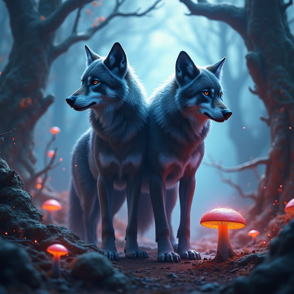 Majestic Wolf and Wolverine Stand Together in Enchanted Real...