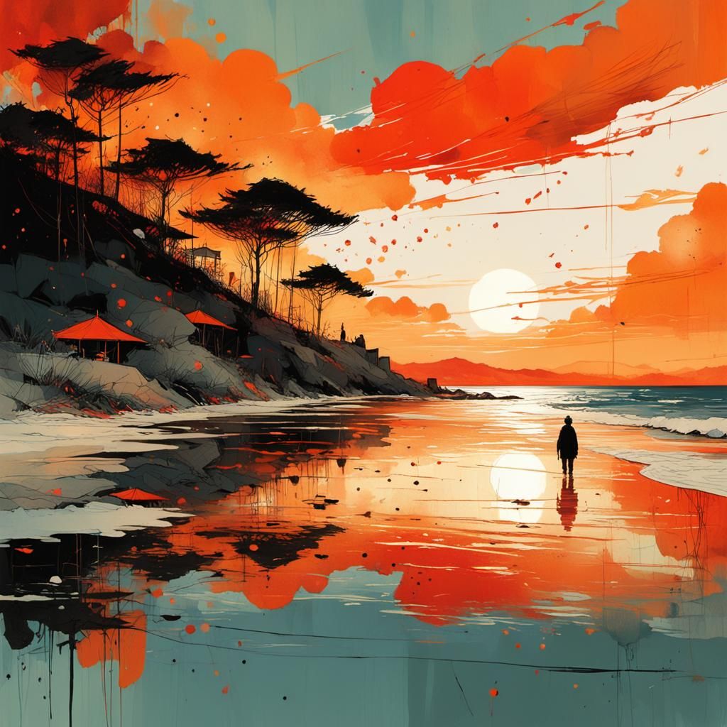 Vibrant Sunset Beach Landscape in Sumi-e Style