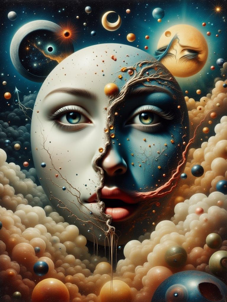 Nightmare vs. Sweet Dream Split Image in Surreal Style