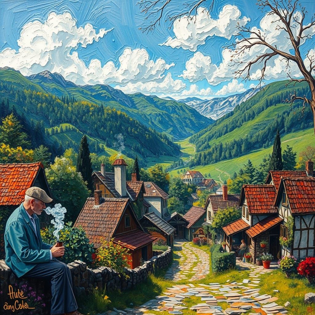 Whimsical Village Scene in Neo-Impressionist Style