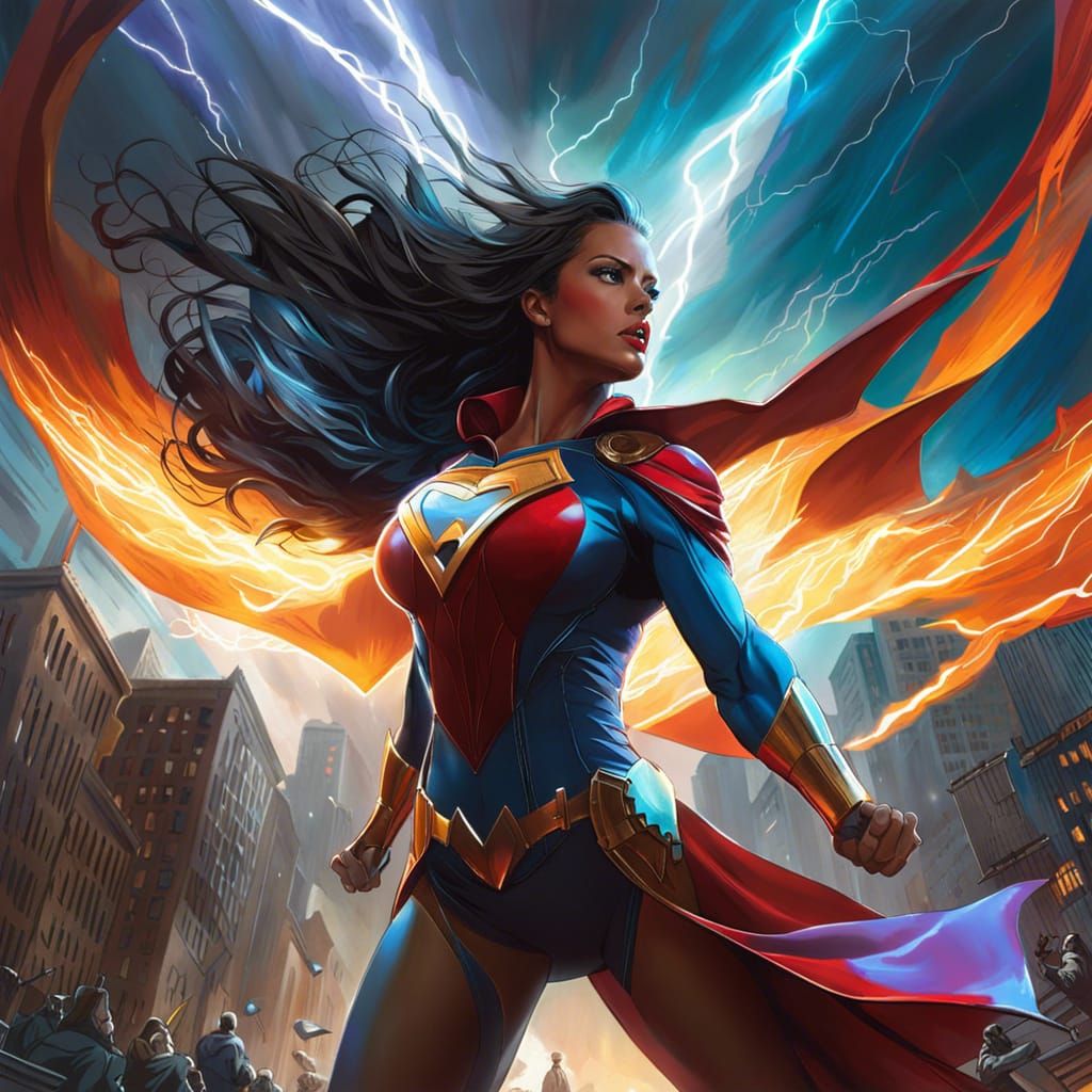 Superhero Summons Thunderbolt in Vibrant Cityscape