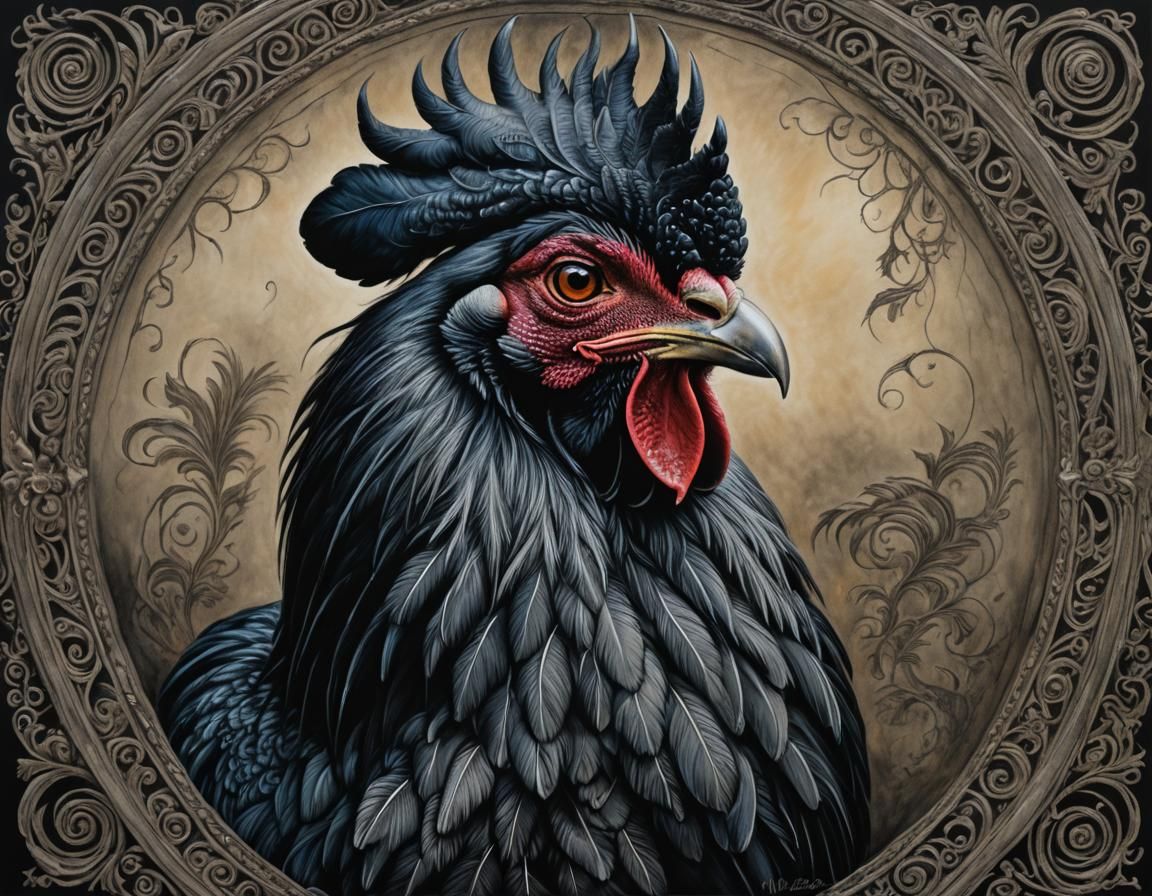 Majestic Black Rooster with Zentangle Details