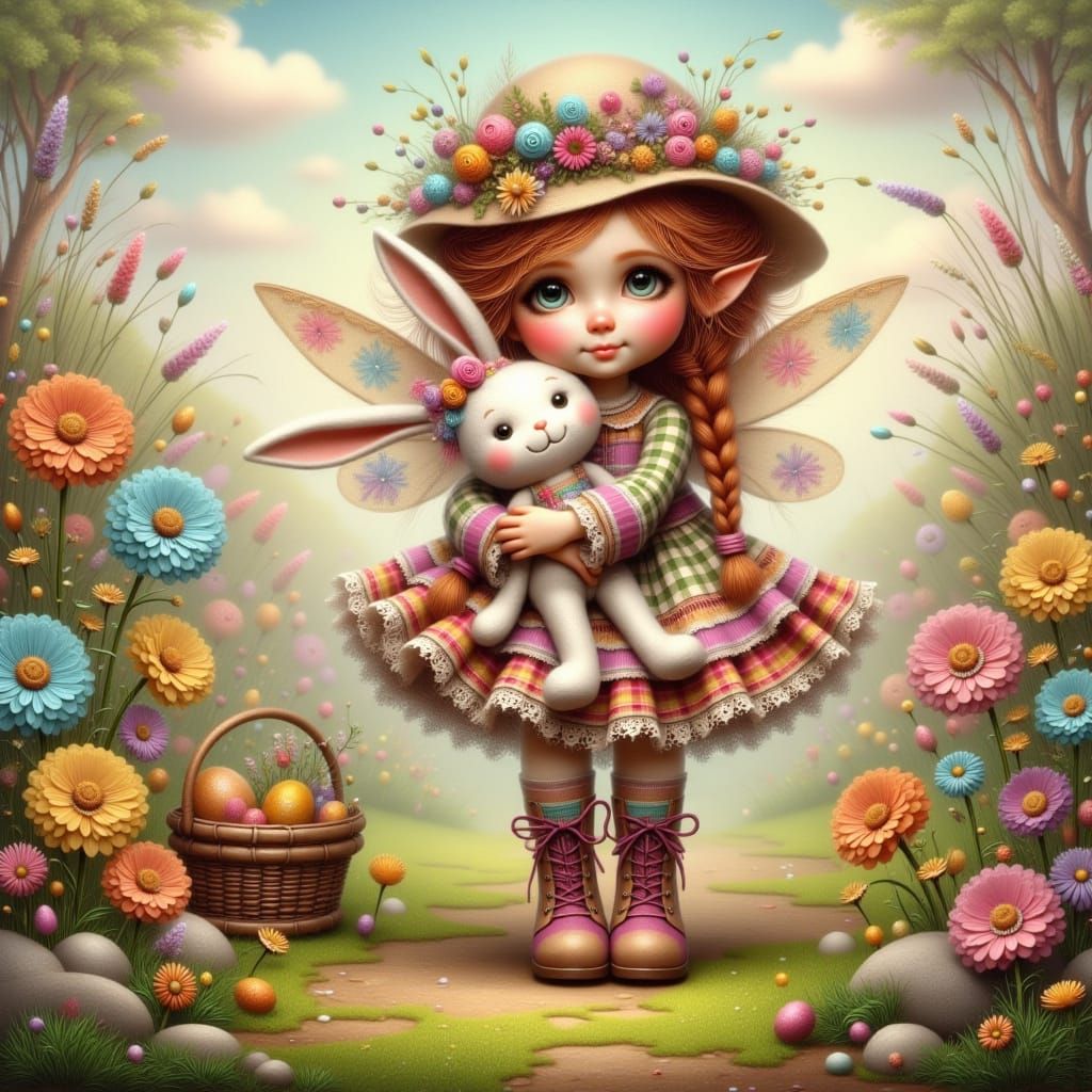 Whimsical Easter Pixie with Gingham Dress and Bunny