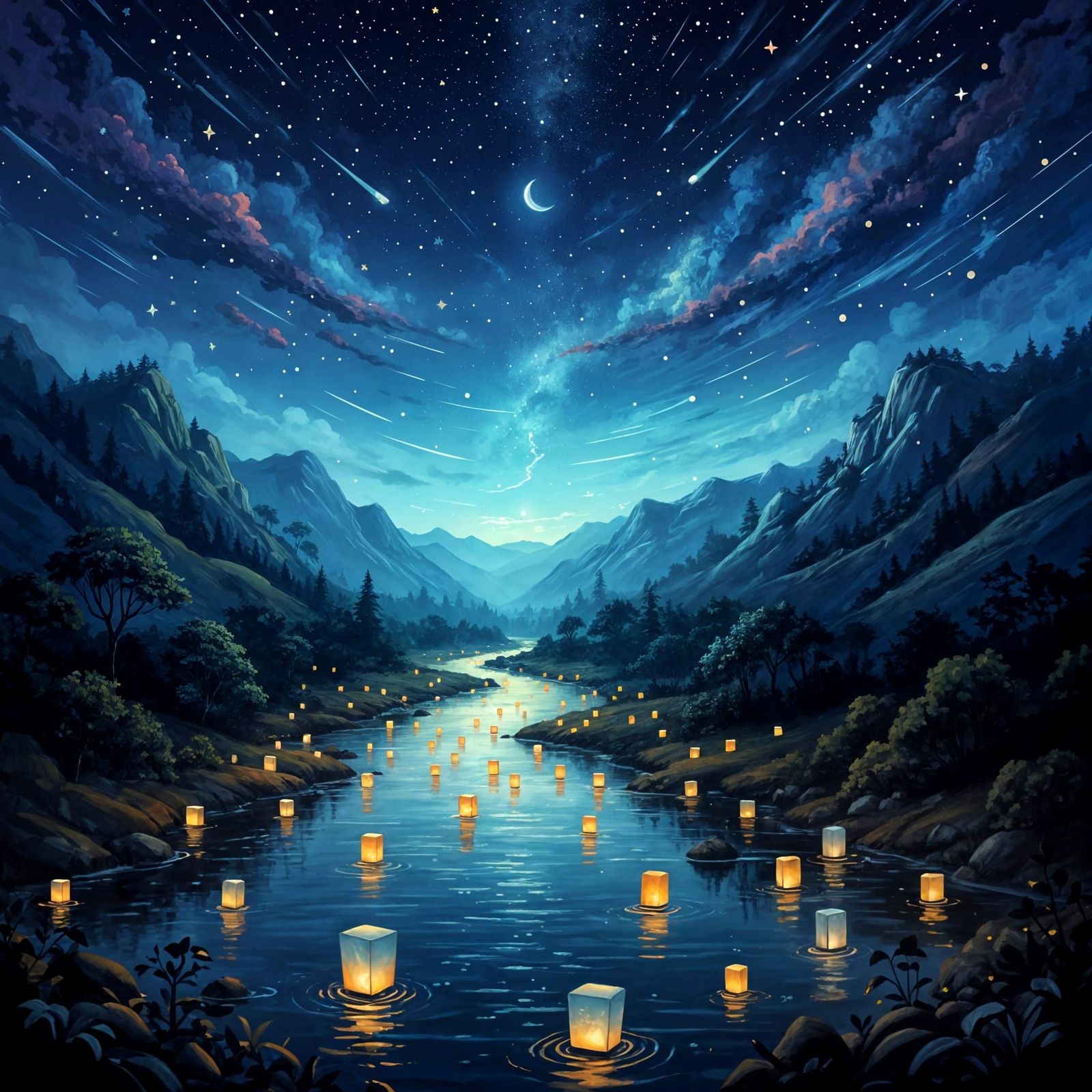 Starry River Valley with Floating Lanterns