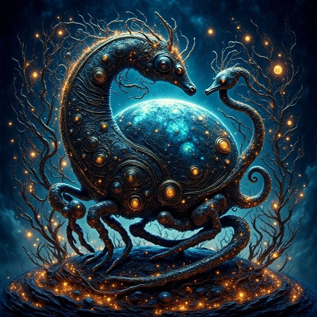 Seahorses Building a Planet: A Fantastical Scene