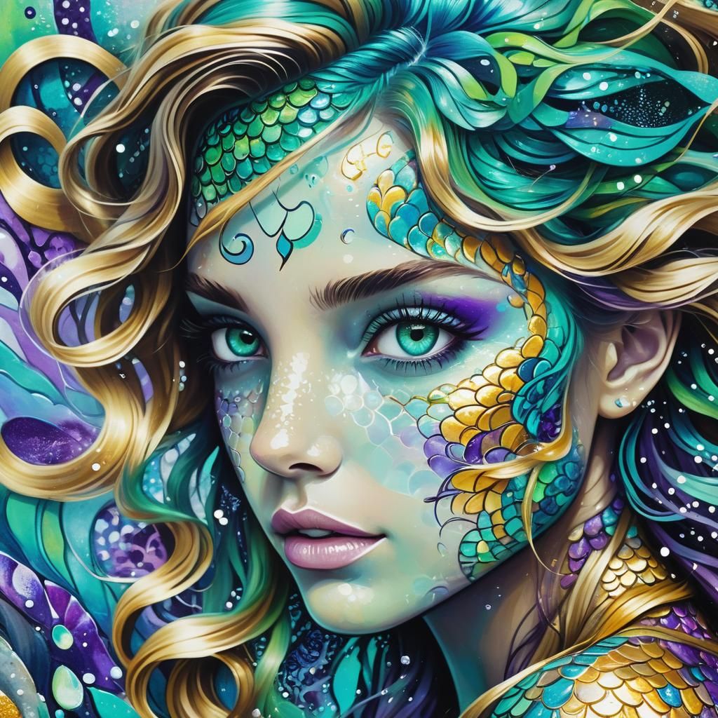 Mermaid with Aqua Eyes in Vibrant Street Art