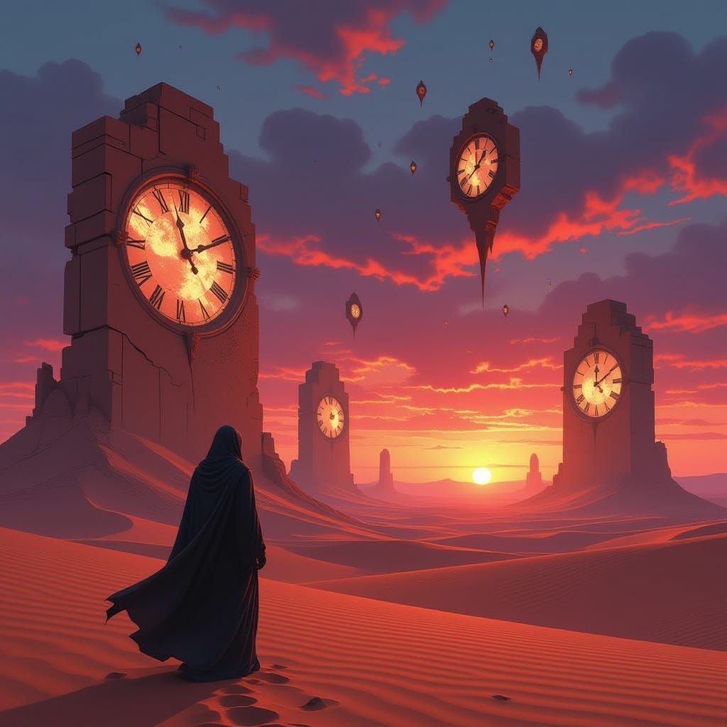 Surreal Desert Twilight with Shattered Clock Ruins