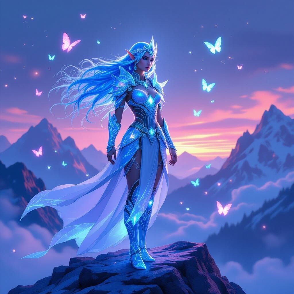 Elven Queen on Crystal Mountain in Digital Art Style